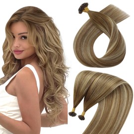 Sunny Hair K Tip Hair Extensions Brown Balayage Ktip Human Hair Extensions Medium Brown Balayage Platinum Blonde Keratin Bond Hair Extensions Soft and Silky 18inch 50g