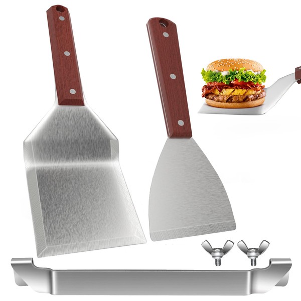 HAPPY FINDING Barbecue Spatula, XXL Wooden Handle Barbecue Cutlery Sets Stainless Steel Grill Accessories with Grill Spatula Stand for Professional BBQ Accessories Smash Burger