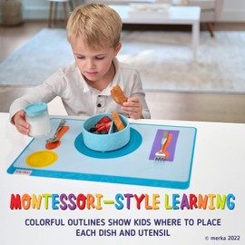 merka Manteles individuales de silicona para niños para mesa de comedor: Montessori - Manteles individuales antiadherentes para niños y niños; mantel educativo enseña a los niños a juego la mesa, juego de 2 manteles individuales a juego para niños pequeño
