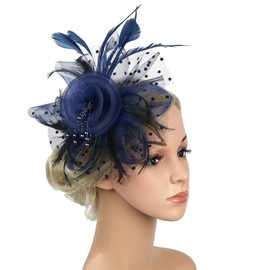 Fascinators Hat Flower Mesh Ribbons Faux Feathers on a Headband and a Forked Clip Tea Party Headwear Flower Mesh Headband Wedding Cocktail Hair Clip for Women(Navy Blue)