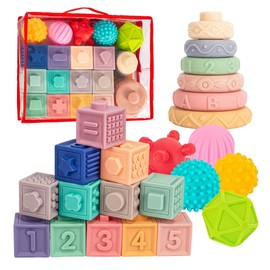 SpringFlower 3 in 1 Montessori Toys for Babies 0-3-6-12 Months, Soft Baby Teething, Stacking Building Blocks for Infants, Sensory Developmental Education Toys for Toddler Baby 12-18 Months,23 PCS