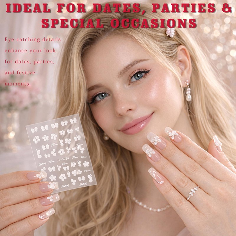 Embossed White Floral Nail Stickers Set – 5 Sheets Self-Adhesive