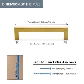 Goldenwarm Golden Furniture Handles in Stainless Steel, LSJ12GD, Square Tube Brushed Brass Door Handles for Cabinets, Drawers, Rails, Including Screws, 10 Pieces