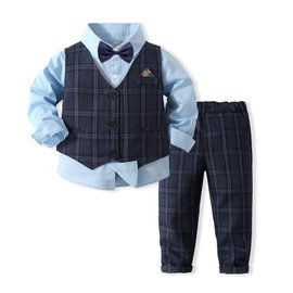 Volunboy Baby Boys Gentleman Suit, Toddler Formal Waistcoat Outfit Wedding Shirts + Vest +Bow Tie 4 PCS Set(4-5 Years,Blue,Tag Size 120)