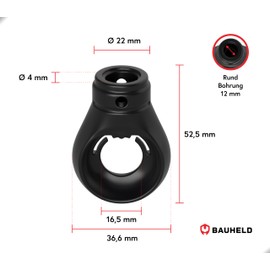 BAUHELD® Awning Eyelet Plastic [Made in Germany] – Bracket for Awning Crank with Ball Hook [Round] – Crank Eye in Black – RAL9005 – Bore 12 mm – Cross Bore 4.1 mm – Height 52.5 mm