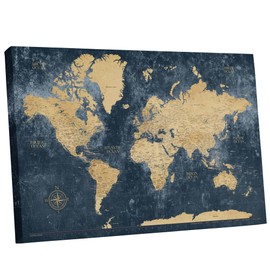 Holy Cow Canvas Gold & Navy Push Pin World Travel Map with Pins, World Map Pin Board, Push Pin Travel Map World on Canvas, Push Pin Map to Track Travels, Pin Map of World