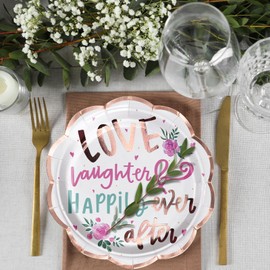 LeZakaa 25Pcs Wedding Paper Plates -Love, Laughter, Happily ever after Lettering with Flowers Design Disposable Party Plates Decorative Tableware Supplies for Wedding, Engagement, Bridal Shower- 9Inch