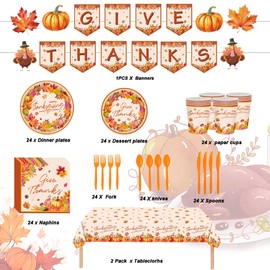 171Pcs Thanksgiving Party Supplies Thanksgiving Table Decorations Thanksgiving Plates Napkins Sets Disposable Dinnerware Set Happy Thanksgiving Banner for Thanksgiving Dinner Decorations
