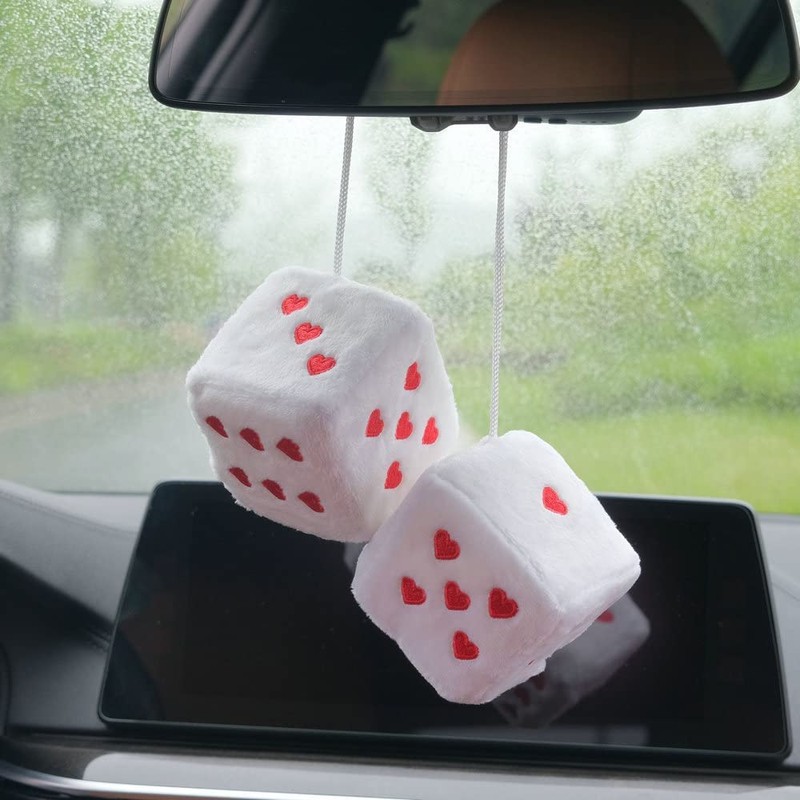Pair 3” Fuzzy Plush Dice Heart Shape Decor for Car