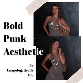 Juglok Wide Grommet Headband for Women Stretch Punk Hair Band with Metal Eyelets Y2K Gothic Head Wrap for Streetwear Adjustable Rock Style Hair Accessories (Black, Average)