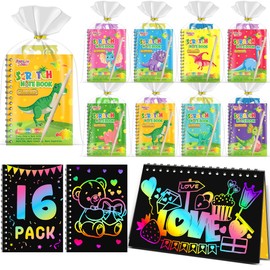 Kids Scratch Art Party Favors Gifts: 16 Pack Dinosaur Scratch Notebook Paper Birthday Party Favor Toy Girls Boys Art Craft Kit Summer Classroom Goodie Bags Return Gifts for Birthday Party Favors Bulk