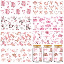 Coquette Bows UV DTF Decals - 8 Sheets Cowboy Hat Uvdtf Cup Wraps for 16 oz Glass Water Bottle, Western Boots Transfer Stickers for DIY Laptop Decor Craft Decal Cowboys Gift for Women (Pink)