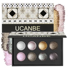 UCANBE Paleta de Sombras Horneadas Brillantes de Alta Intensidad (8 Colores) - Brillo Metálico Tipo Diamante, Alta Pigmentación, Textura Suave y Fácil