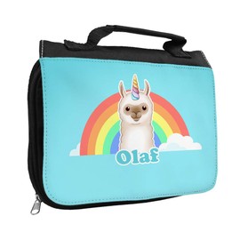Kulturbeutel mit Namen Olaf und Llama-Einhorn-Motiv | Kulturtasche mit Vornamen | Waschtasche für Kinder