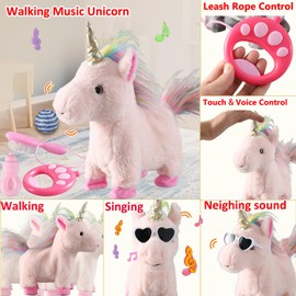 Marsjoy Pink Walking Unicorn Set Robot Plush Singing Plush Toy Movement Realistic Plush Toy Remote Control Toy