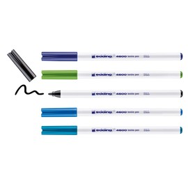 edding 4600 textile pen - black, blue, light blue, light green, orient blue - set of 5 - round nib 1 mm - permanent fabric pens for drawing on textiles, wash-resistant up to 60 °C - fabric pen
