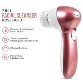 LIVIVO Electric 7 in 1 Facial and Foot Skin Cleanser with 7 Rotating Brush, Massage and Abrasive Pumice Attachments for Softer Smoother Radiant Skin (Rose Gold)