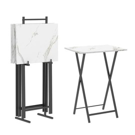 HOOBRO Folding TV Tray Tables, Set of 4 TV Trays with Storage Rack, Industrial Side Table for Eating at Couch, Foldable Snack Table for Small Space, Easy Assembly, White and Black BW50BZ01