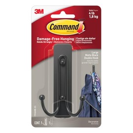 Command - Gancho doble grande negro mate, 1 gancho y 1 tira de mando, ganchos de pared para colgar sin daños con tiras adhesivas, ganchos para colgar para colgar la decoración del hogar, soporta hasta