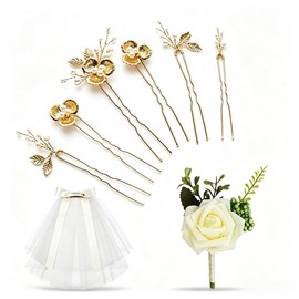 Bridal Accessories Combo - Pearl Hair Pins - Satin Bow Veil - Boutonniere