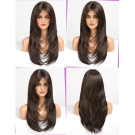 WOKESTAR Long Straight Wigs for Women with Curtain Fringe, Layered Synthetic Color Hair (Black Brown)