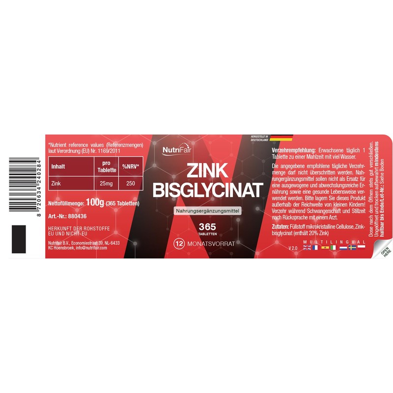 Zink 25mg - 365 Tabletten - Zink Bisglycinat - Hochdosiert