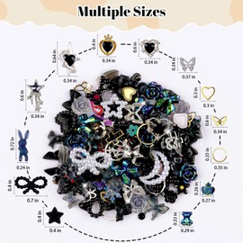 Sinyanail 3D Flower Nail Charms Set,150pcs Mixed Size Camellia Rose Resin Charms,150pcs Mixed Size and Color Leaves,100pcs Round White Pearl Beads for Nail Accessories Nail Art (23-Metal-Black)