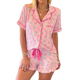 KevaMolly Womens Christmas Lounge Sets Pink Christmas Candy Cane Print Pocketed Knotted Lounge Set Short Sleeve Xmas Top and Shorts M