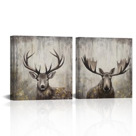 Zlove 2 Pieces Cabin Deer Moose Wall Art Rustic Elk Animal Head Wildlife Picture Grey and Gold Artwork Living Room Home Office Decorations 12x12inchx2pcs