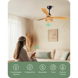 EDISHINE 52“ Boho Ceiling Fans with Lights, Wickerwork Cage, Timer & Remote Control, 6 Speeds, Indoor Noiseless Rattan Lighting & Ceiling Fans for Living Room, Bedroom, Dining Room