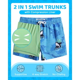 maamgic Boys Swim Trunks with Compression Liner Toddler Boy Swimsuit Quick Dry 4-Way Stretch Swimming Trunks Swim Ring Shark Blue 3T