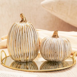 Fall Decor-2PCS Fake Resin Autumn Pumpkins Decorations for Thanksgiving Home Table Centerpiece Shelf Mantel Decor, Fall Season Artificial Decorative Pumpkins for Indoor Kitchen Harvest,White&Gold