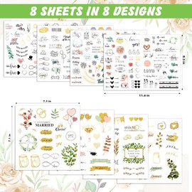 Wedding Stickers for Scrapbooking, 8 Sheets Waterproof Wedding Romantic Stickers Bridal Scrapbook Supplies for Envelope, Invitation, Scrapbook