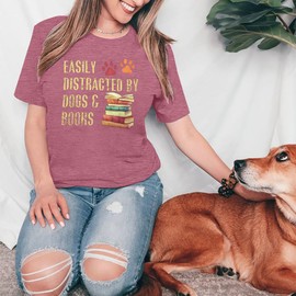 Women Dog Mom Shirts Easily Distracted by Dogs and Books T Shirt Funny Animal Paw Tee Pet Lover Gift Tops