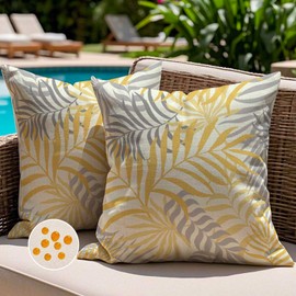 Jayusaror Outdoor Cushion Cover 40 x 40 cm Yellow Grey Cushion Cover Weatherproof Sofa Cushion Garden Cushion Summer Tropical Leaves Decorative Cushion Covers for Sofa Garden Decoration Set of 2
