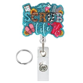 Badge Reel Holder Retractable with Swivel Alligator ID Clip, Funny Glitter Name Tag Card Badge Reel for Nurse Nursing Work Teacher Doctor RN LPN CNA Medical Assistant Office (Scrub Life-Blue)
