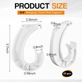 Wonderjune 20 Pcs Hanging Closet Rod Support 3/4 Clothes Rod Bracket Shelving J Shaped Closet Pole Holder for Wardrobe Cabinets Storage and Curtains