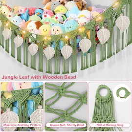 82.7x59x59 Inch Jumbo Stuffed Animal Storage Hammock Corner, Green Macrame Cream Leaf Hanging Stuffed Animal Net Organizer for Stuffy Plushie, Boho Handcrafted Plushies Storage Holder w/LED Light