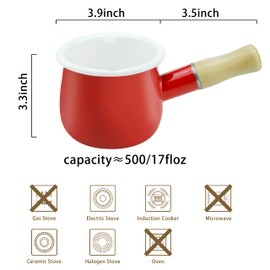 Enamel Milk Pan, Mini Butter Warmer 10cm Enamelware Saucepan Pan Cookware with Wooden Handle, Perfect Size for Heating Smaller Liquid portions. (Red)