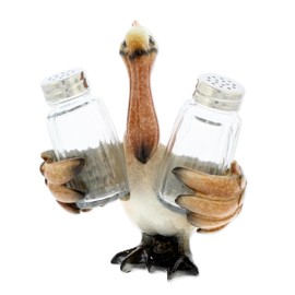 The Bridge Collection Pelican Salt And Pepper Shaker Holder With Glass Shakers - Coastal Bird Kitchen Decor - Nautical Dining Accent For Beach House Or Ocean Theme Table