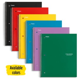 Five Star Spiral Notebook, 1 Subject, Wide Ruled Paper, 10-1/2" x 8", 100 Sheets, Assorted Colors, Color Will Vary, Office Product , 1 Count (05200)