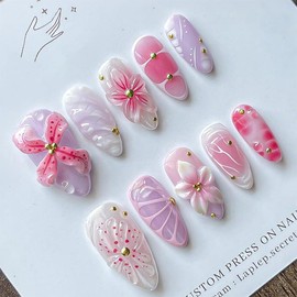 30Pcs Flower Press on Nails Medium Almond Fake Nails Pink False Nails with Floral Design Glossy Acrylic Full Cover Gold Pearl Glue on Nails Reusable Stick on Nail for Women Art Decoration
