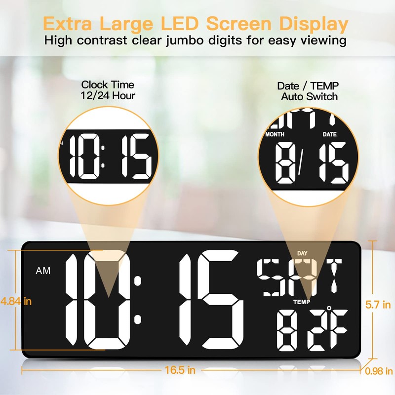 XREXS Large Digital Wall Clock with Remote Control, 16.5 Inch