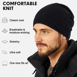 TAGVO Slouch Beanie Hat for Men Women Unisex Cotton Knitted Beanie Hat Wool Hat Soft Elastic Hood Made of Breathable, black