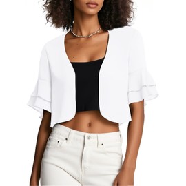 Urban CoCo Women's Sheer Chiffon Bolero Shrug Ruffle Short Sleeve Open Front Cropped Cardigan for Dresses(L, White)