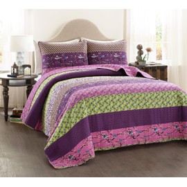 Lush Decor Royal Empire Reversible Cotton Quilt Set, 3 Piece Set Full/ Queen, Plum - Striped Bedding Set - Floral Quilt Queen Size - Purple Bedding - Boho Decor