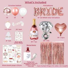 Rose Gold Bachelorette Bridal Shower Party Decorations Kit, Large Bride Foil Balloons Champagne Foil Balloons Fringe Curtains Backdrop Rose Gold Confetti Balloons Photo Props Tattoo Sheets Sash Veil