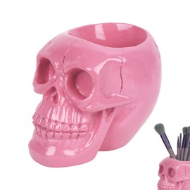 Biiange Skull Makeup Brush Holder, Skull Brush Holder, Skull Pen Holder, Gothic Skull & Bones Organizer Bathroom Skeleton for Vanity Decor, Office Organizer, Skull Planter (Pink)