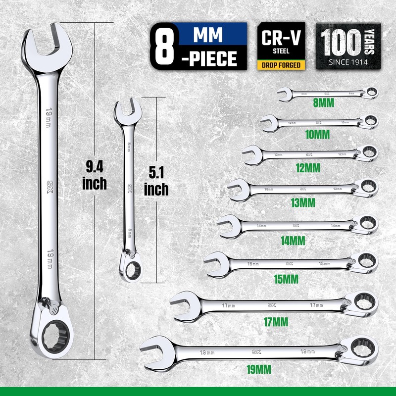 SK Reversible Ratcheting Wrench Set, Combination Wrench Set, 8-Piece, Metric,