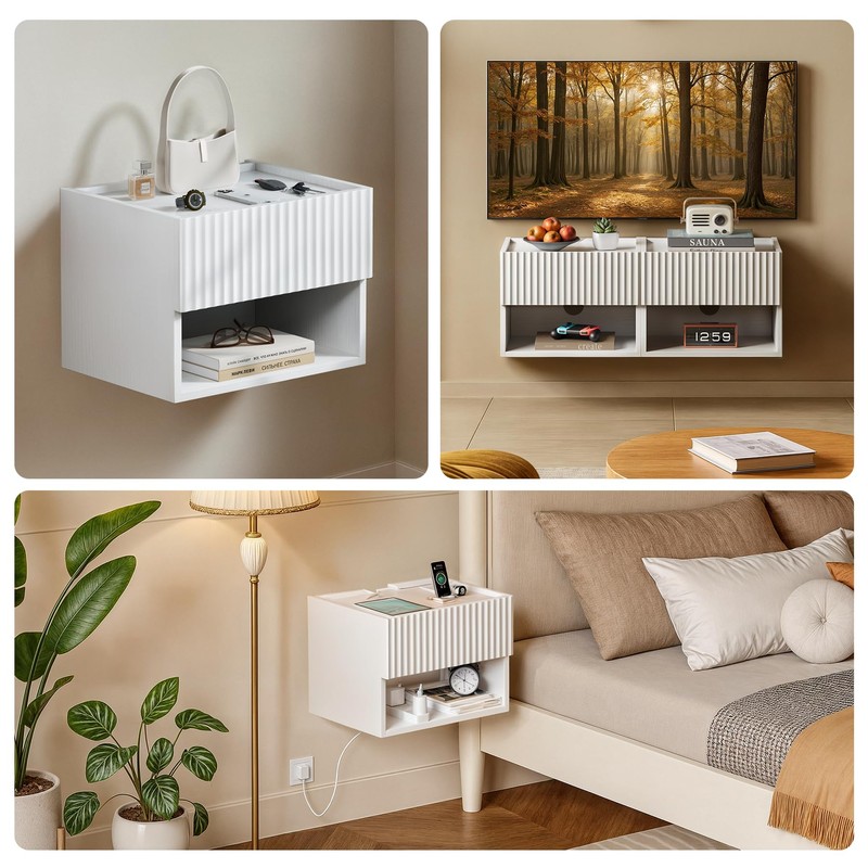 Floating Nightstand Bedroom Bedside Table - Wood Night Stand Set